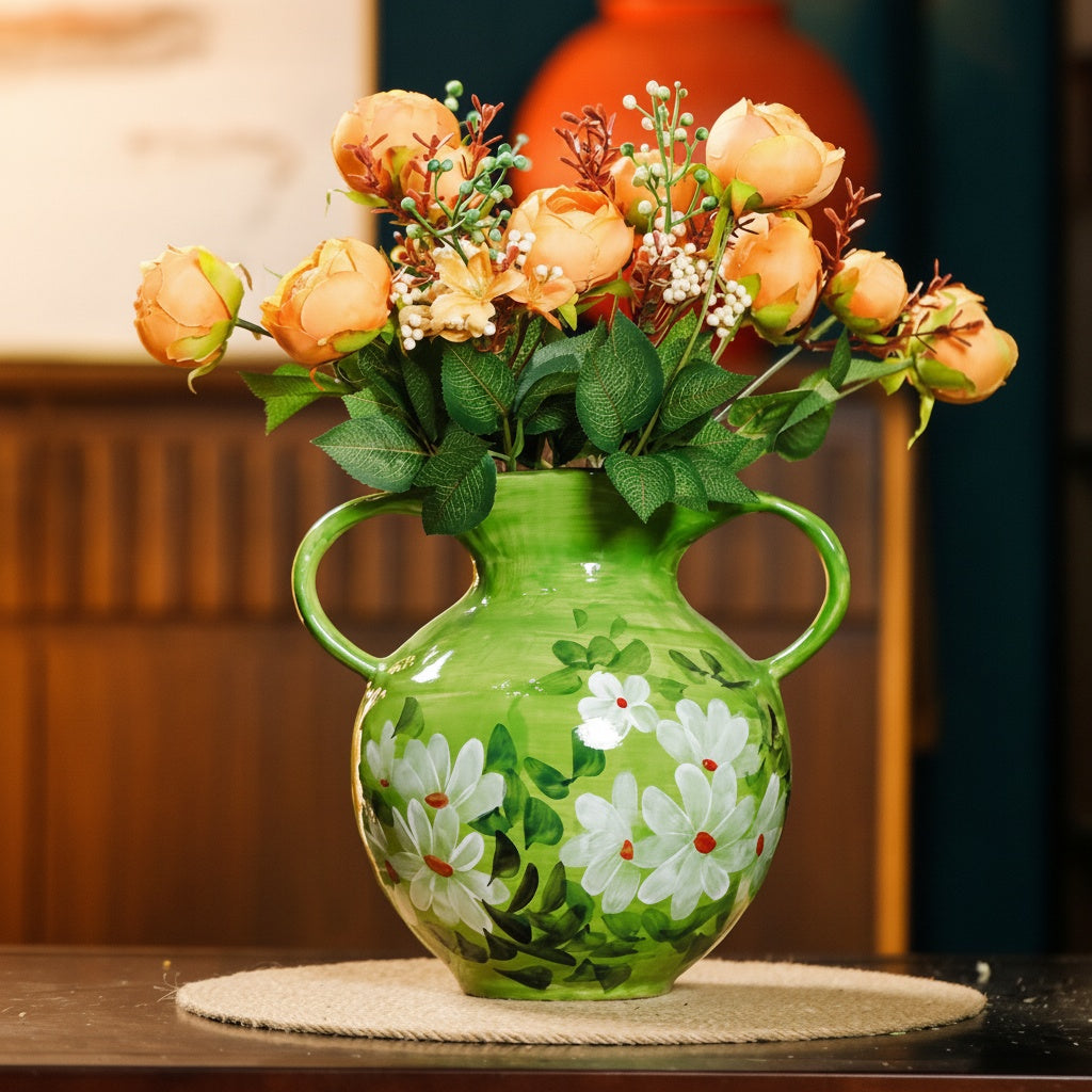 Glazed Ceramic Floral Twin Handled Vase with Orange Flowers