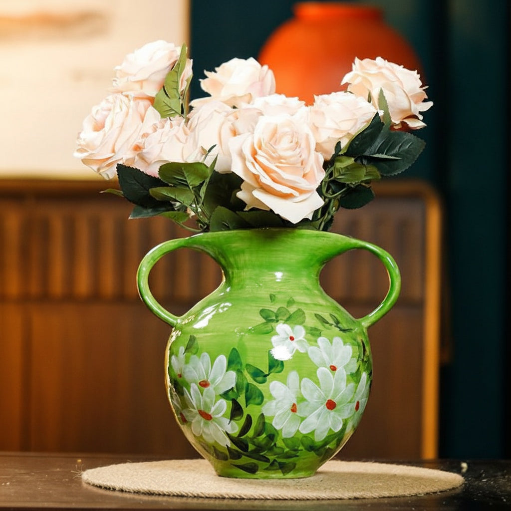 Glazed Ceramic Floral Twin Handled Vase with Pink Roses
