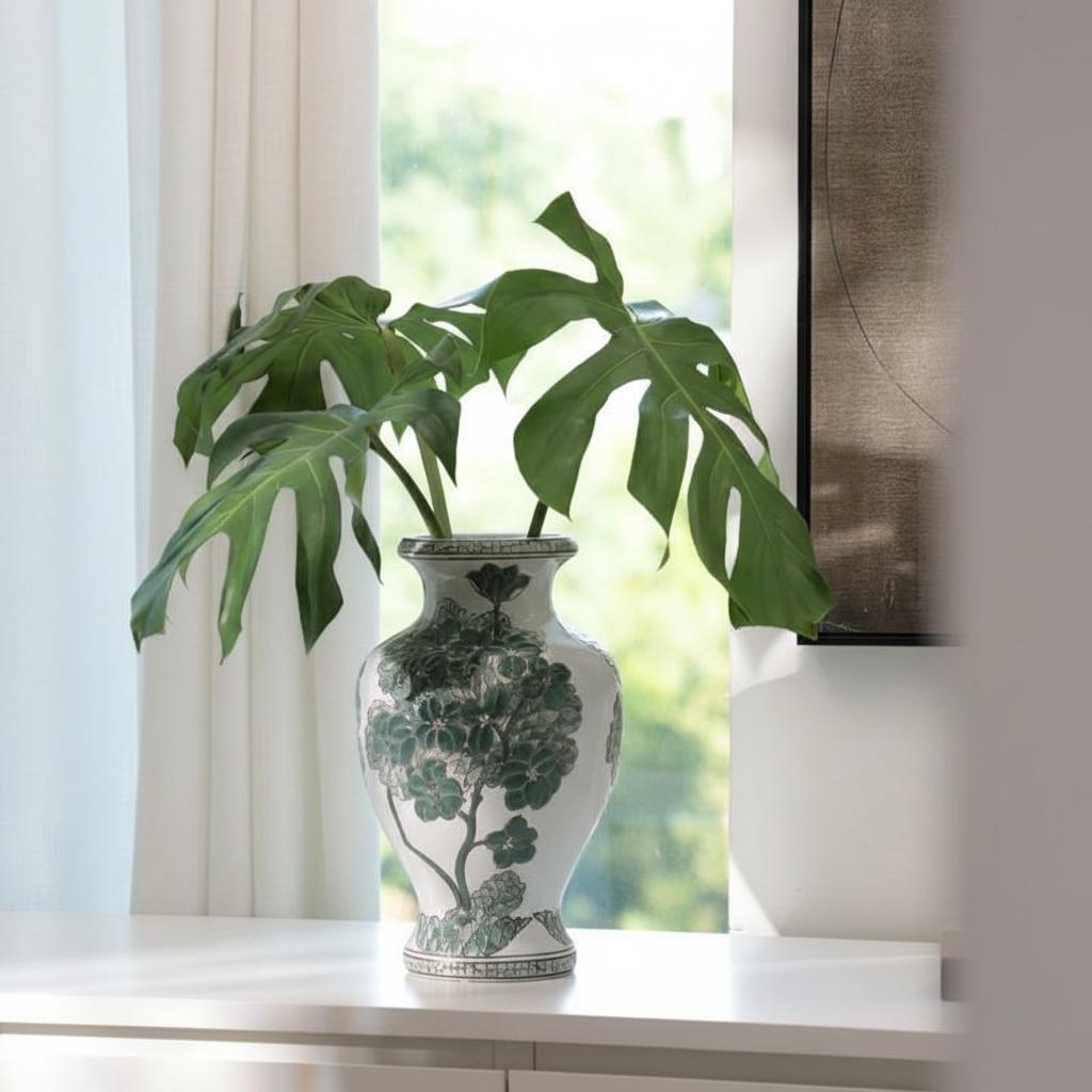 Baluster ceramic vase with green flowers near window
