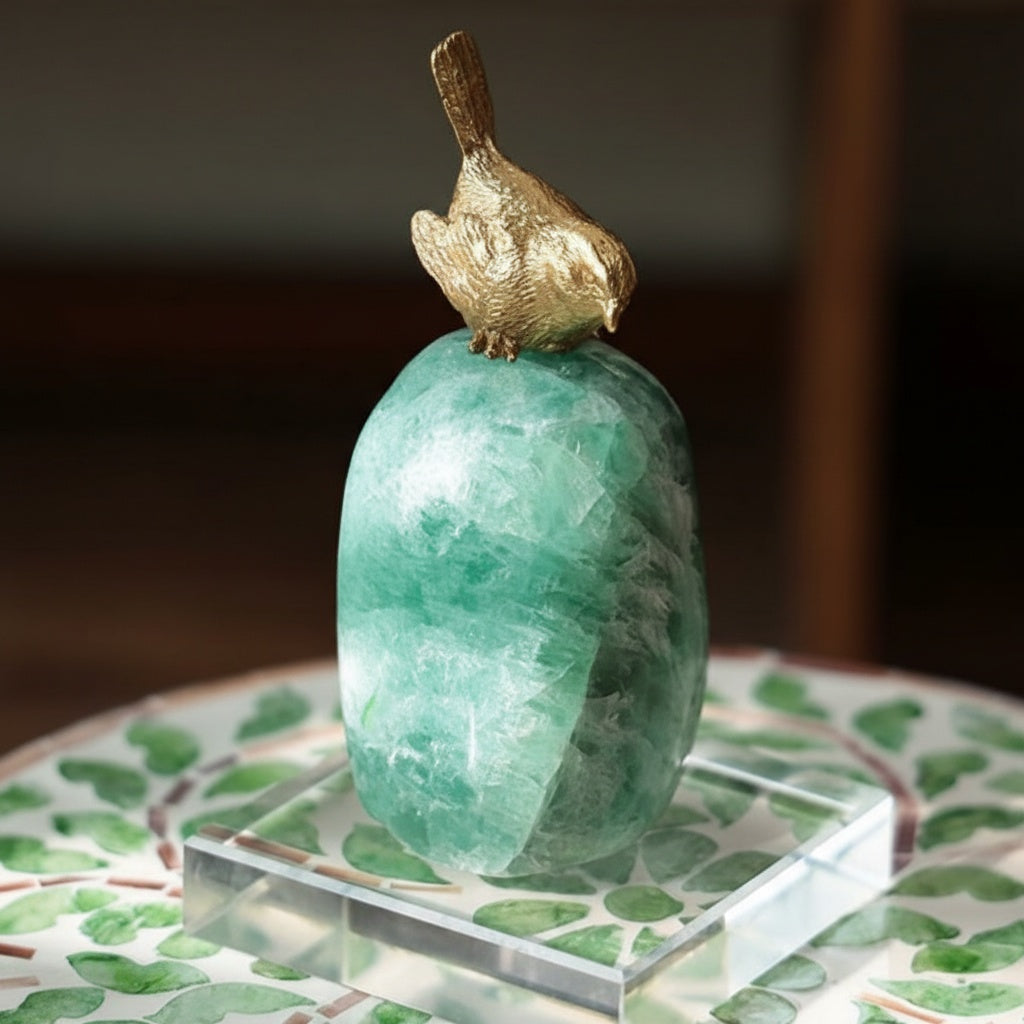 Green fluorite stone sculpture with brass bird topper