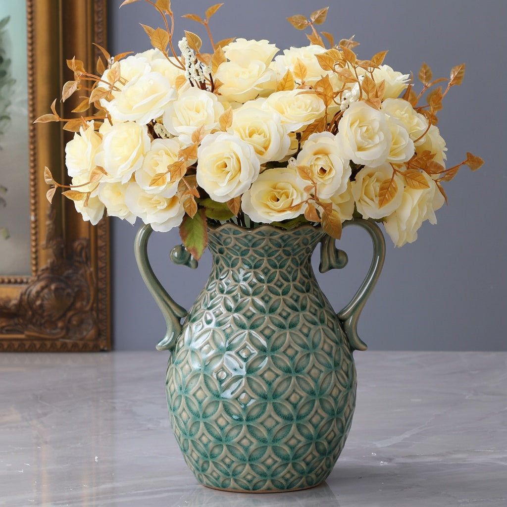 Front view of green ceramic vase with yellow flowers