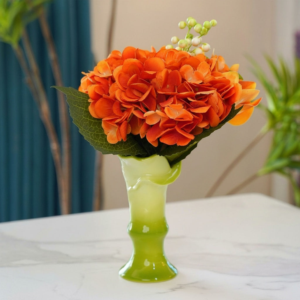 Green Glass Fluted Floral Vase