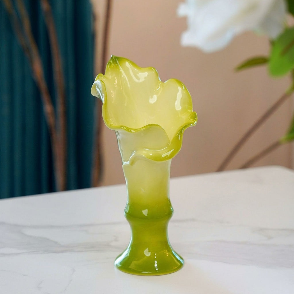 Green Glass Fluted Floral Vase