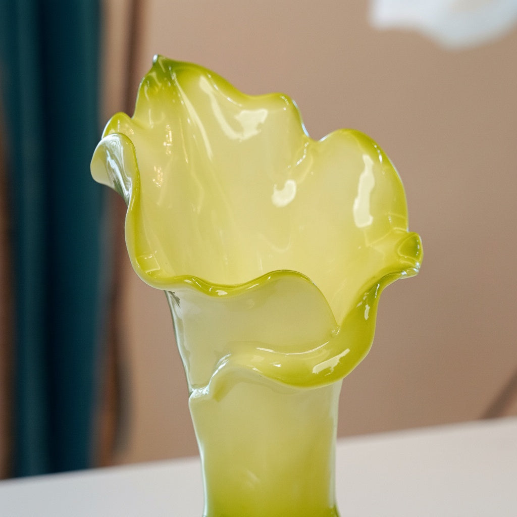 Green Glass Fluted Floral Vase
