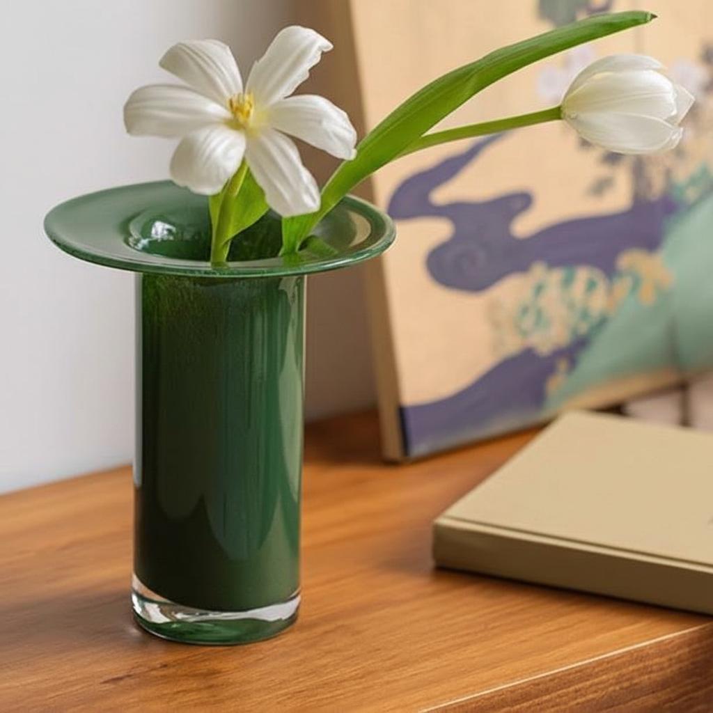 Green glass vase with wide rim holding white flowers on wooden table