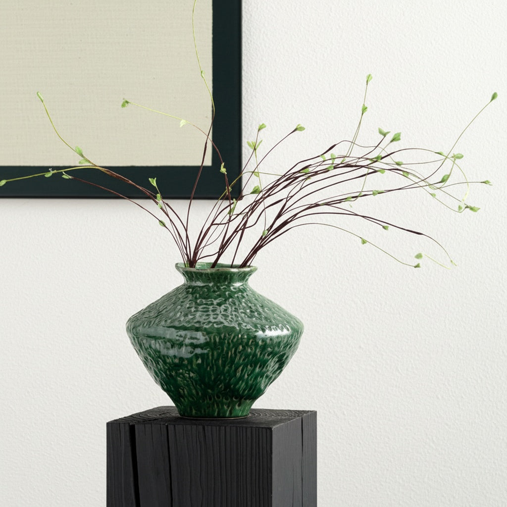 Green Glazed Ceramic Angular Vase with Botanicals