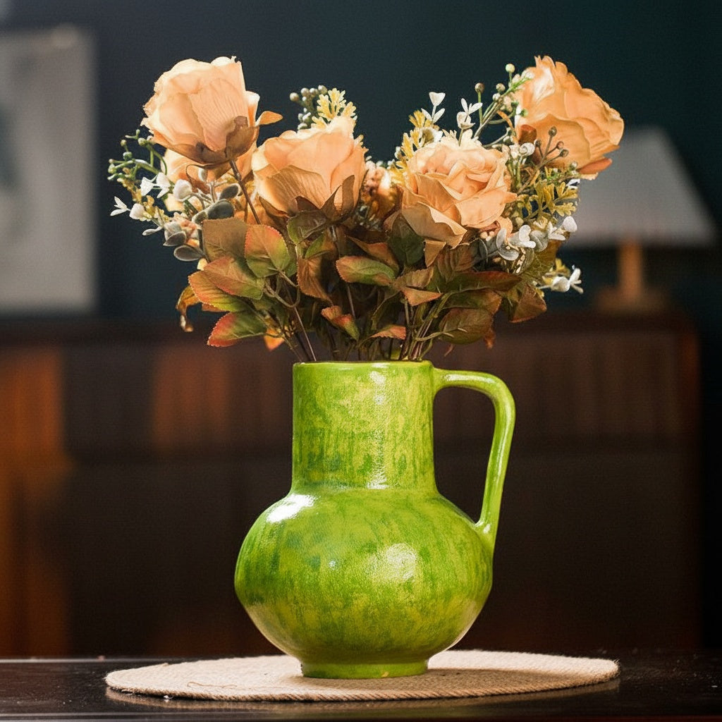 Green Glazed Ceramic Handled Vase with Peach Roses