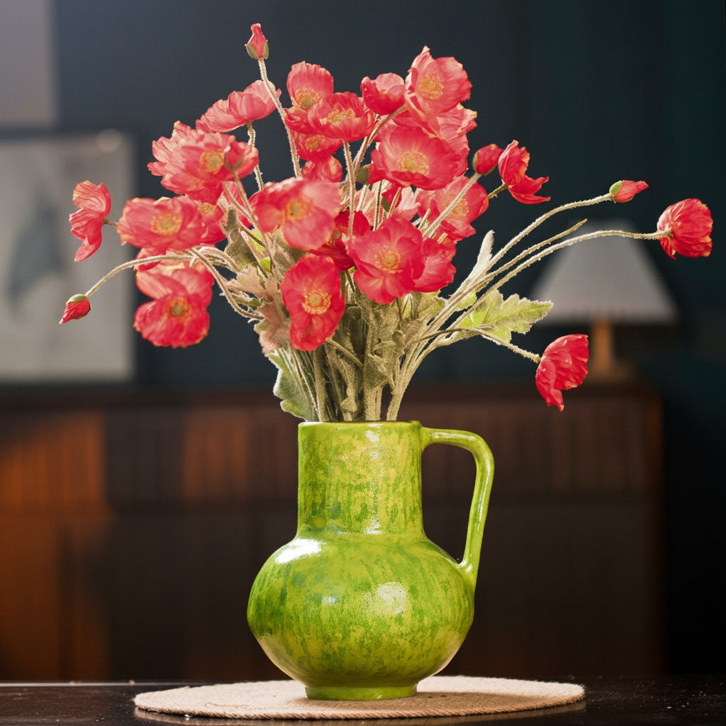 Green Glazed Ceramic Handled Vase with Red Poppies