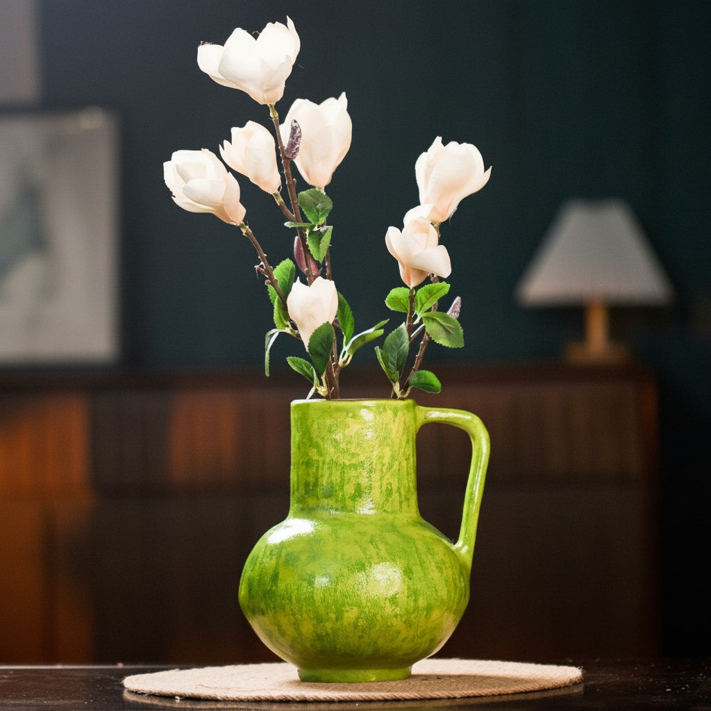 Green Glazed Ceramic Handled Vase with White Magnolias