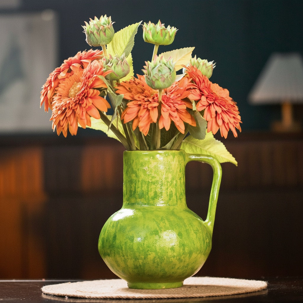 Green Glazed Ceramic Handled Vase with Orange Daisies