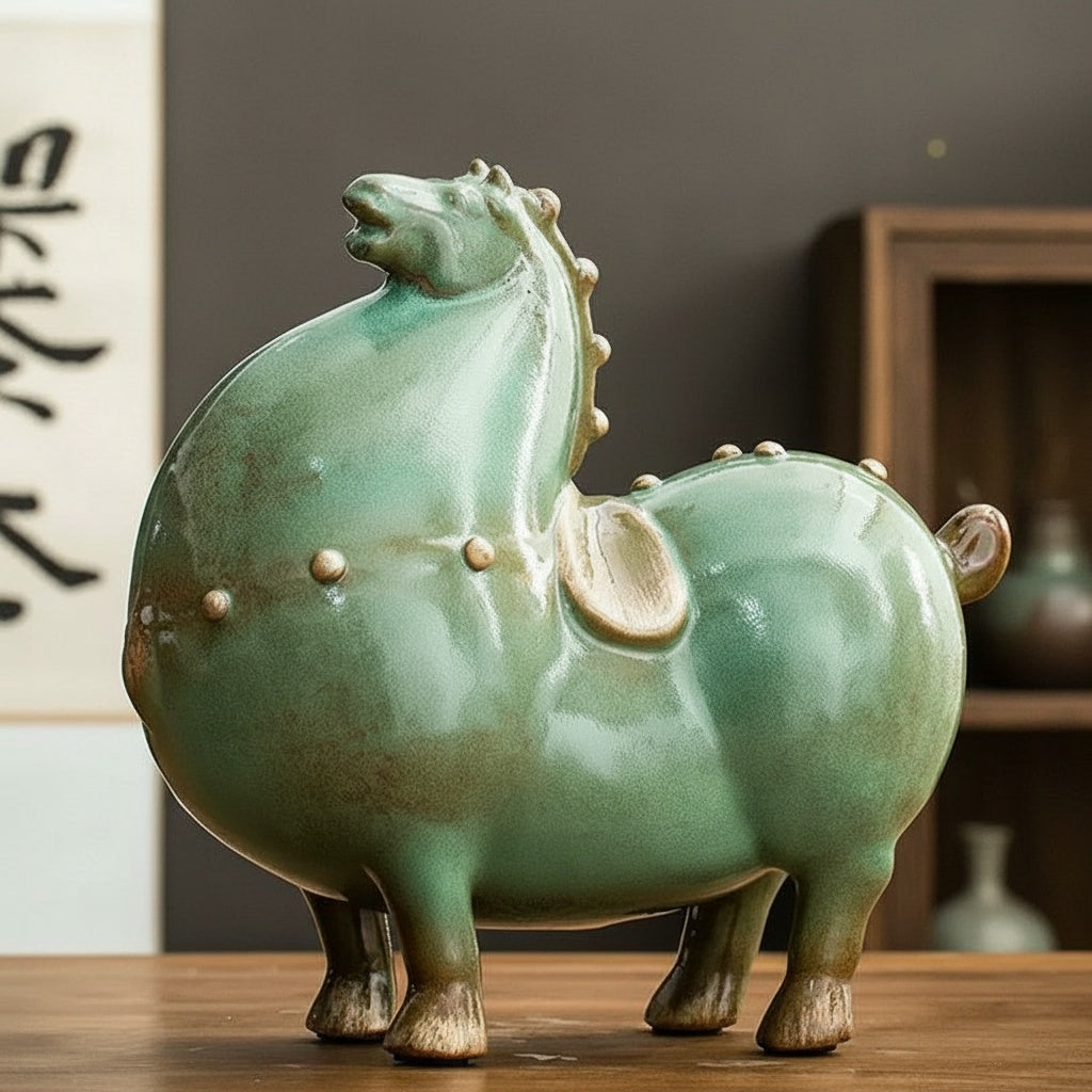 Green Glazed Ceramic Horse Sculpture