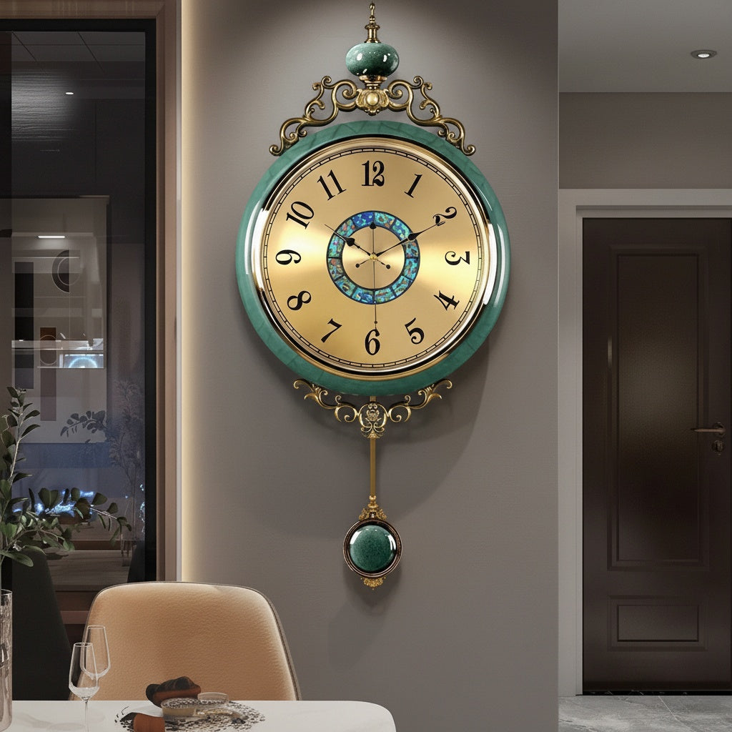 Front view of green marble and brass pendulum wall clock