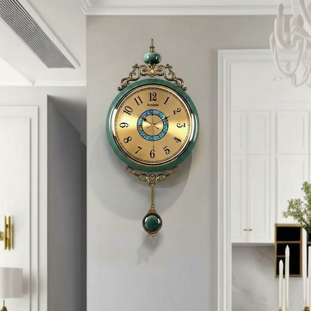 Side angle of ornate green wall clock in luxury setting