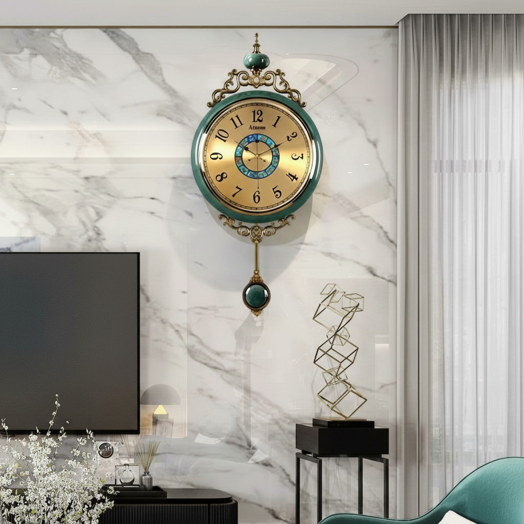 Green pendulum clock displayed on marble wall