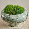 Green marble pedestal planter bowl with moss