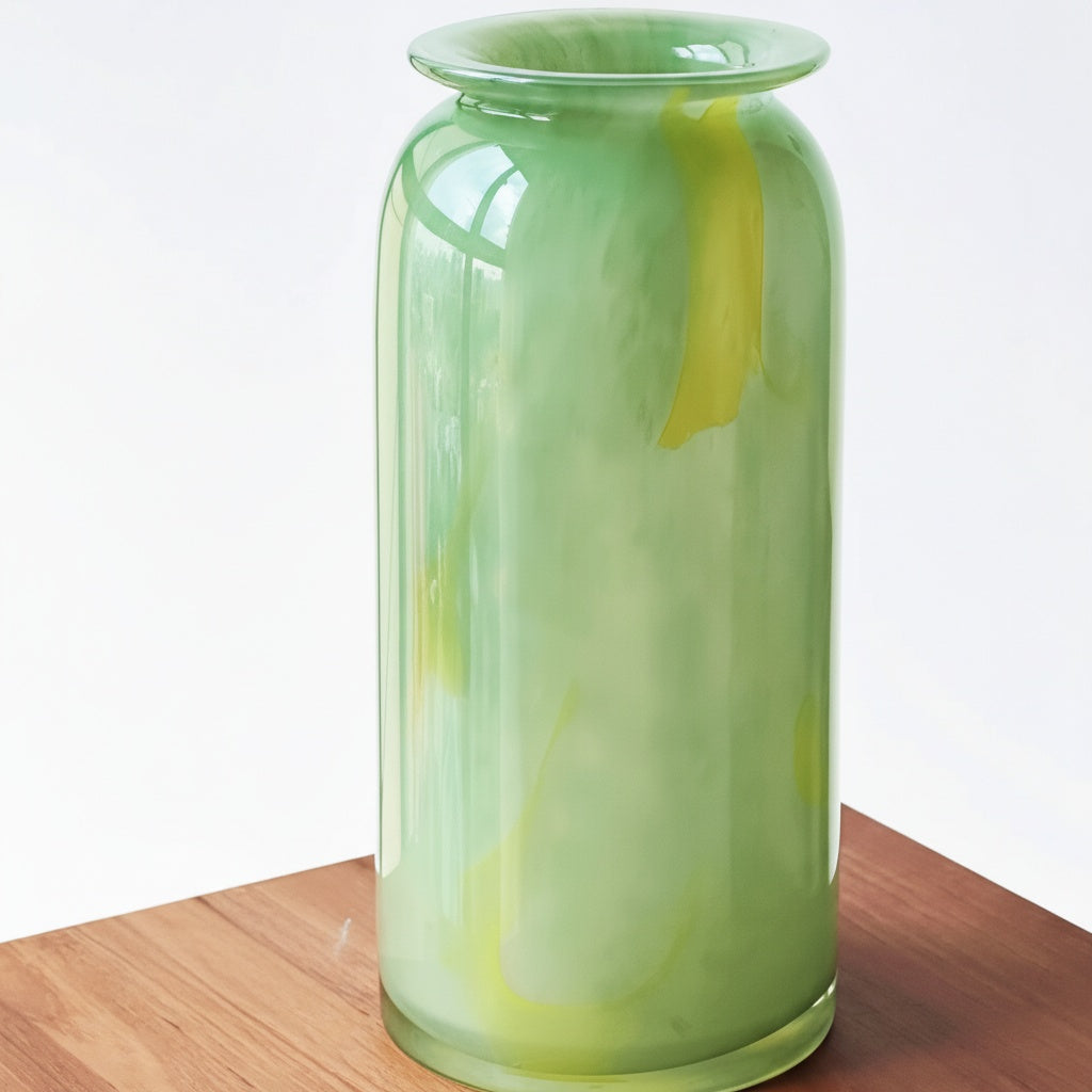 Front view of green marbled glass cylindrical vase