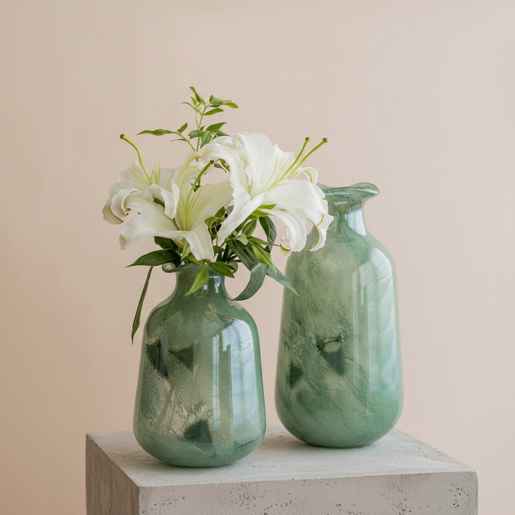 Green marbled glass vases with white lilies