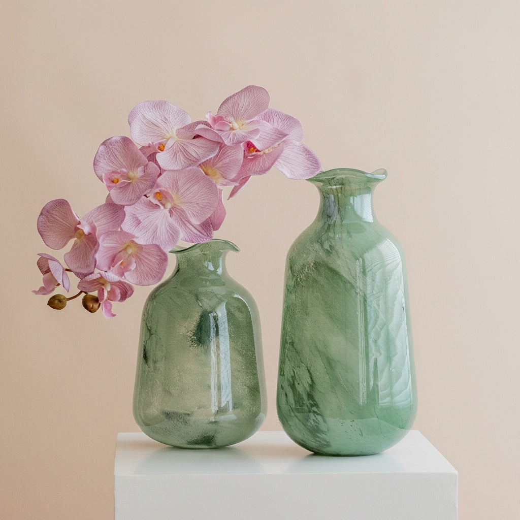 Large and medium green glass vases with pink orchids
