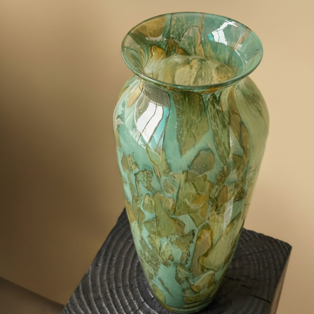Green Marbled Glass Flared Tall Vase