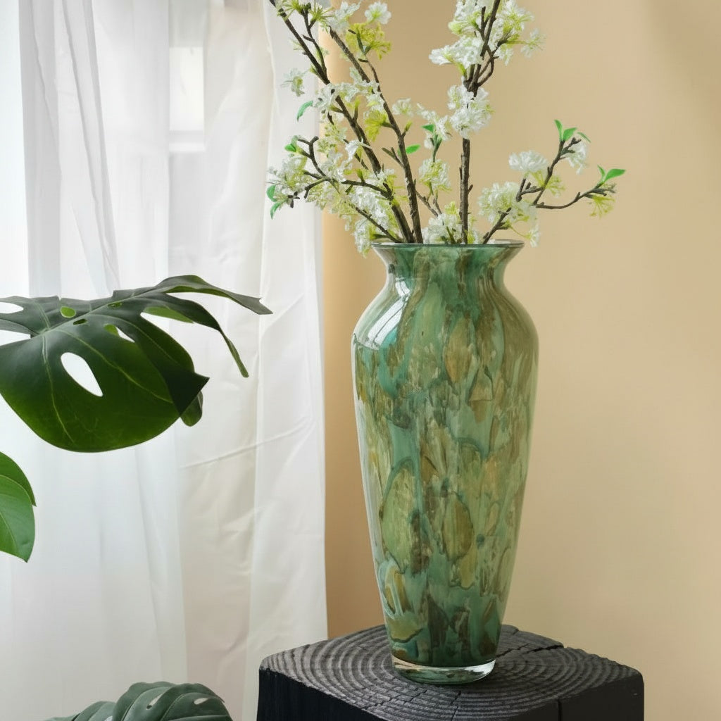 Green Marbled Glass Flared Tall Vase