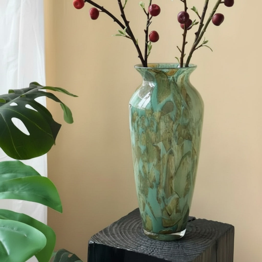 Green Marbled Glass Flared Tall Vase