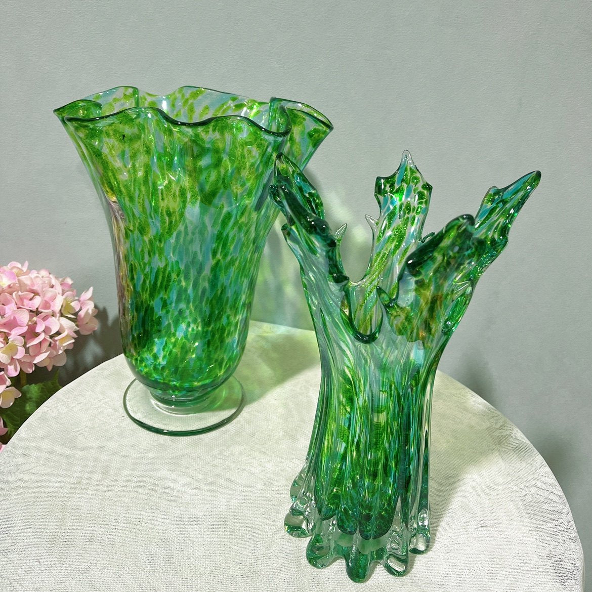 Green mottled art glass vases set