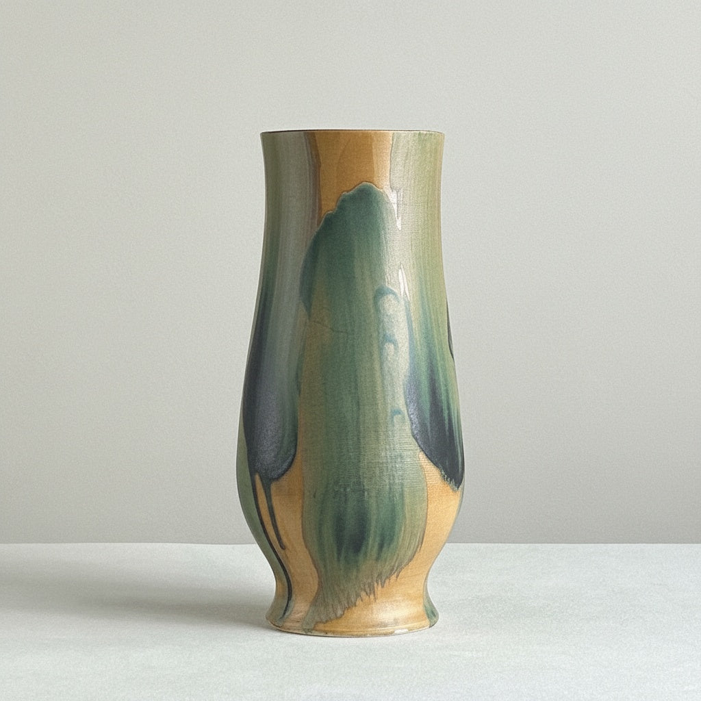 Green & Ochre Glazed Ceramic Flared Vase