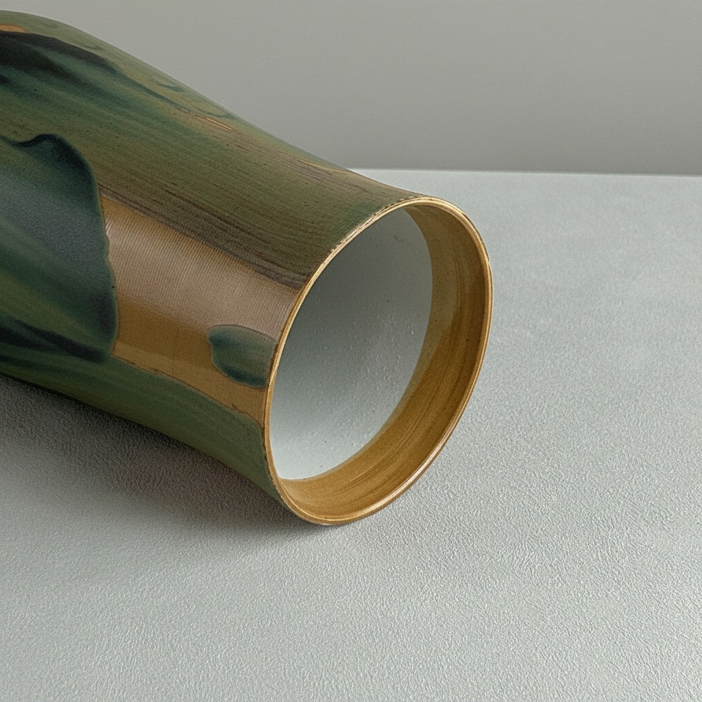 Green & Ochre Glazed Ceramic Flared Vase