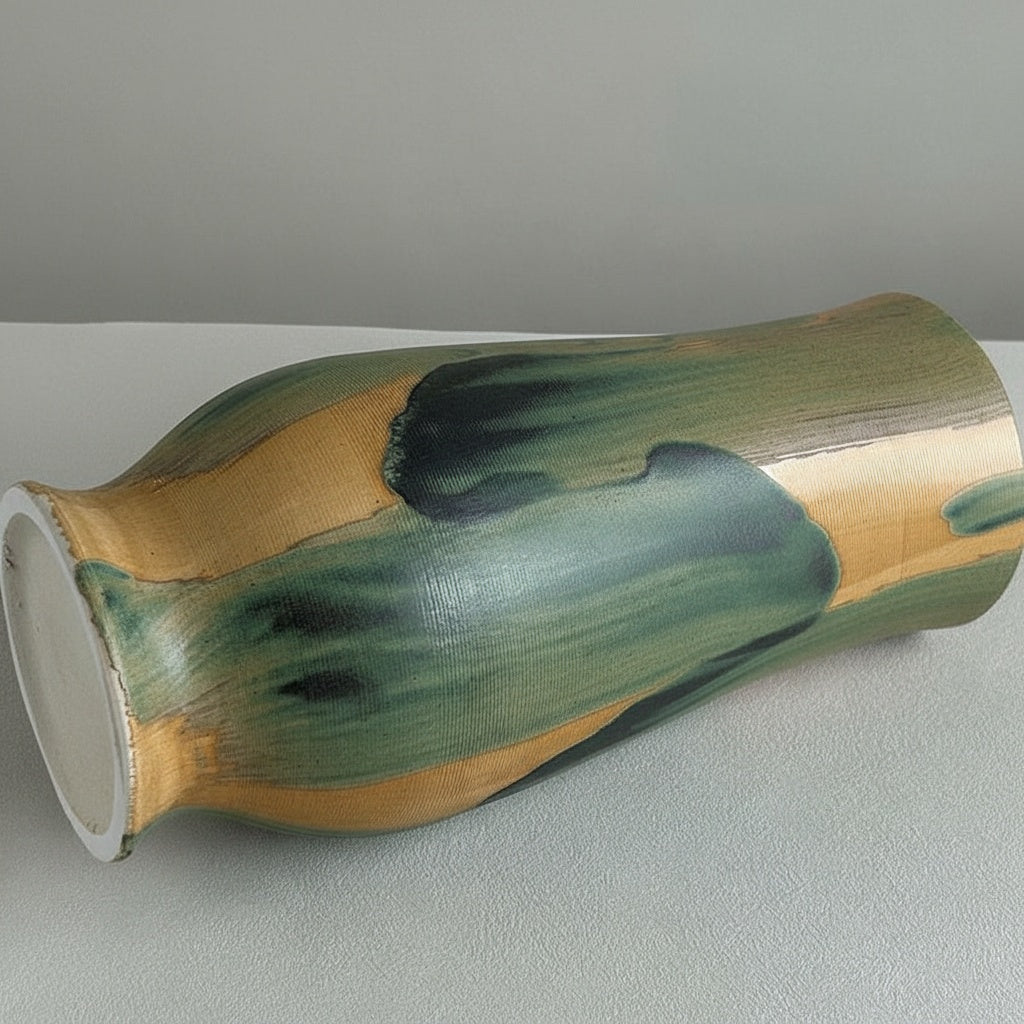 Green & Ochre Glazed Ceramic Flared Vase