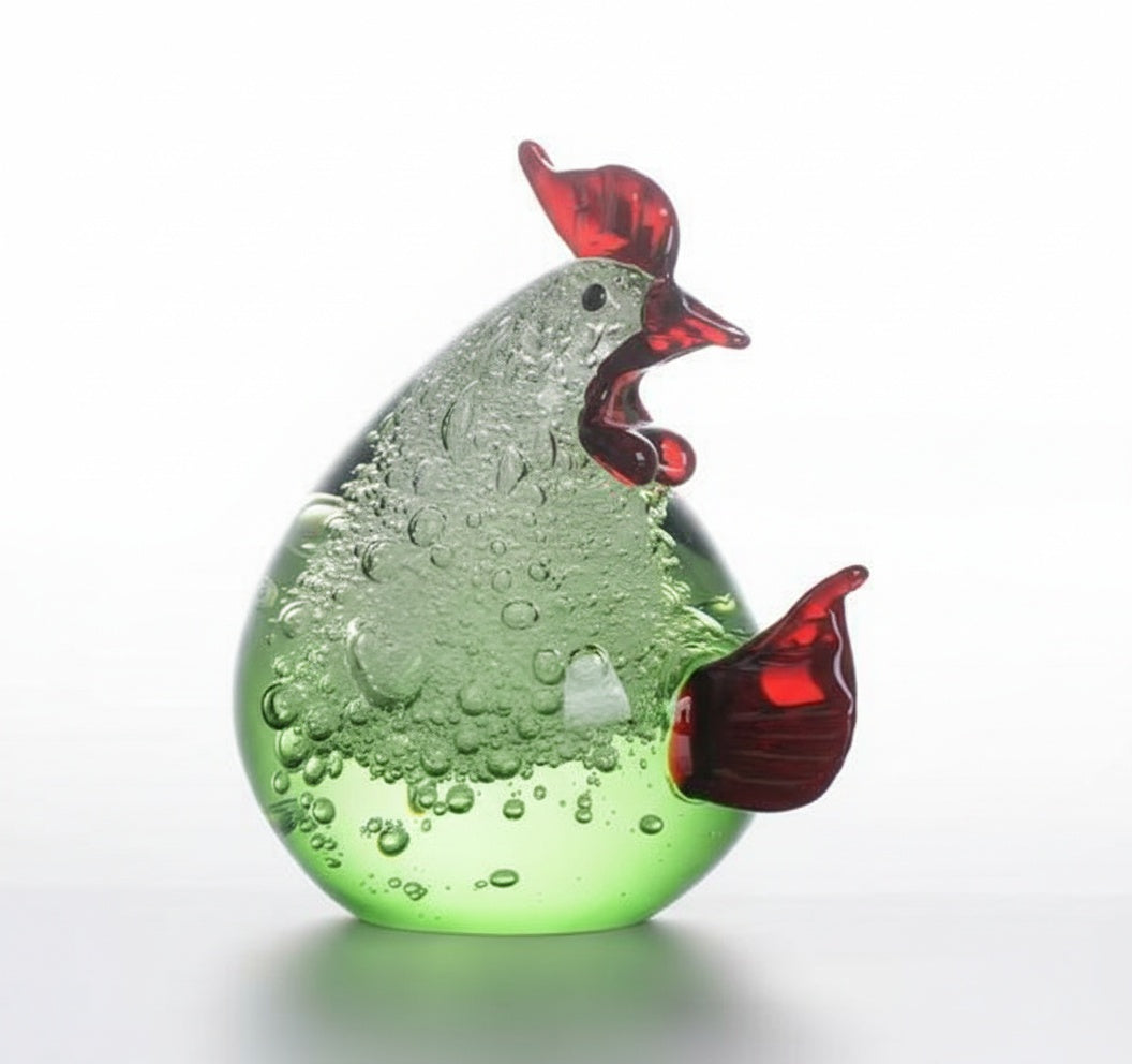 Detailed side profile of handcrafted glass rooster sculpture