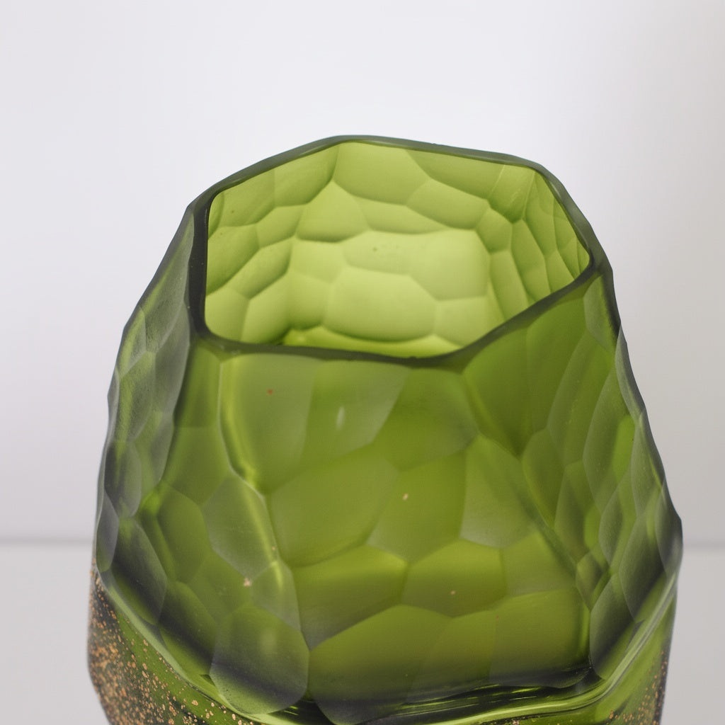 Close up of Green Textured Glass Asymmetrical Vase