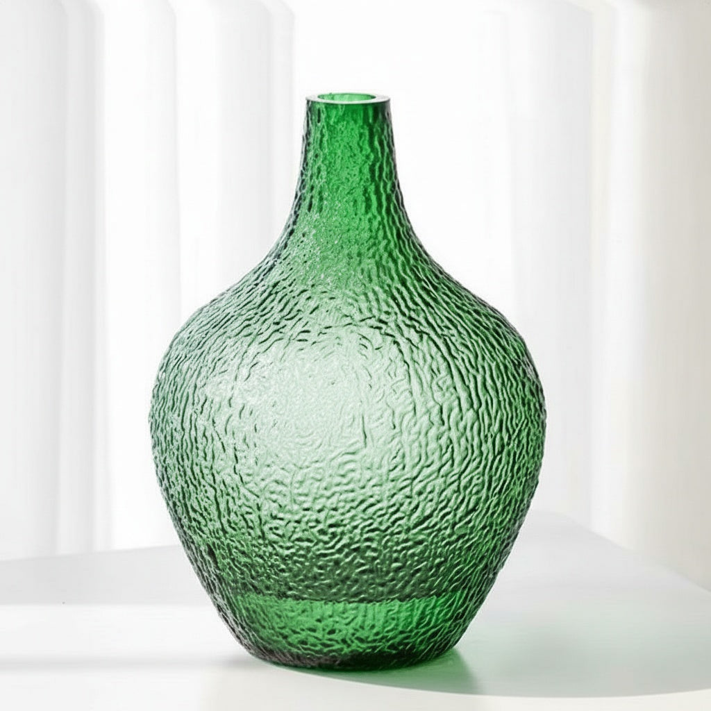 Front view of green textured glass bottle vase
