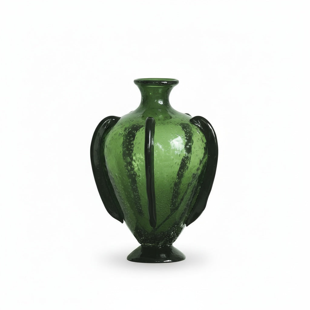 Green Textured Glass Ribbed Vase