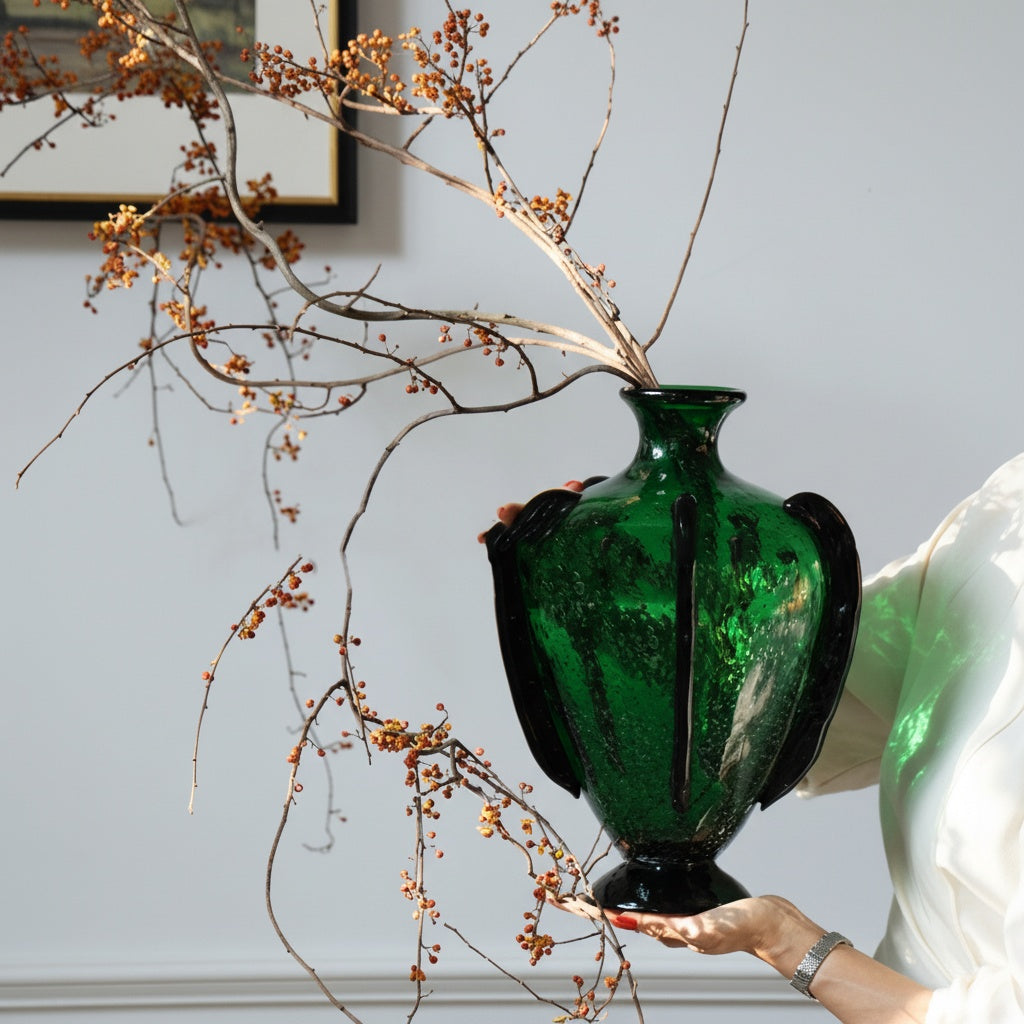 Green Textured Glass Ribbed Vase