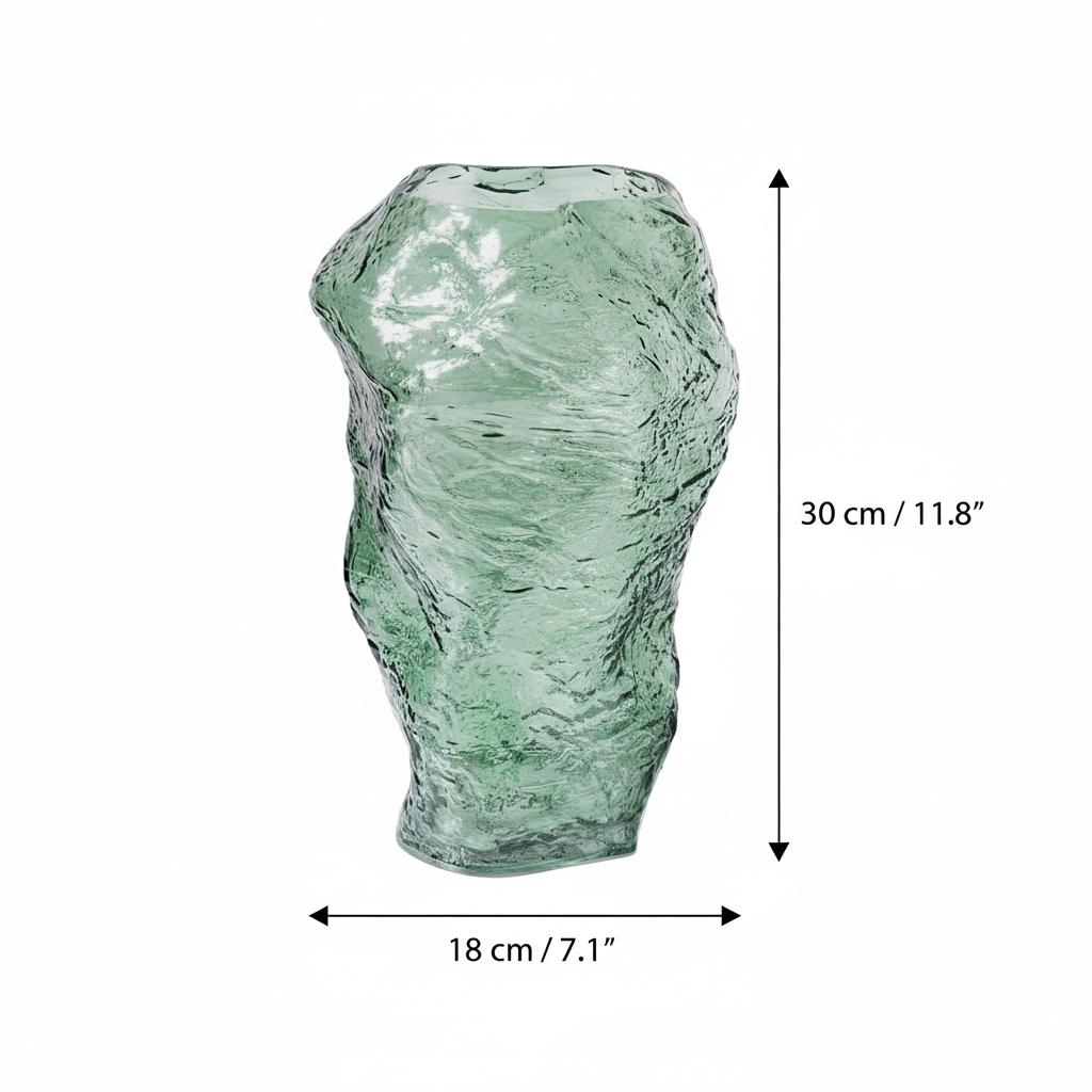 Dimensions diagram of tall green glass vase showing 30cm height