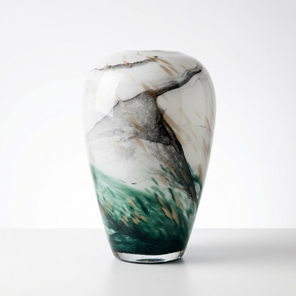 Medium sized green and white glass vase with foliage