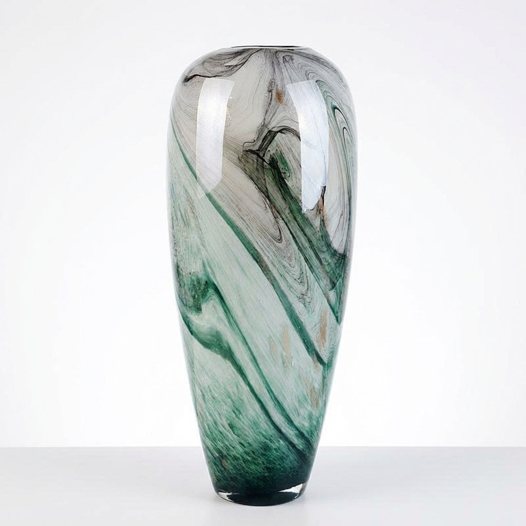Close up of abstract landscape pattern on glass vase