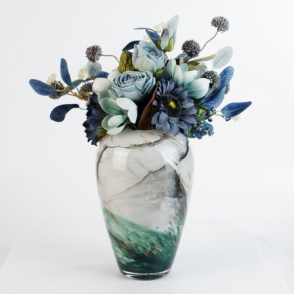 Medium art glass vase styled with books