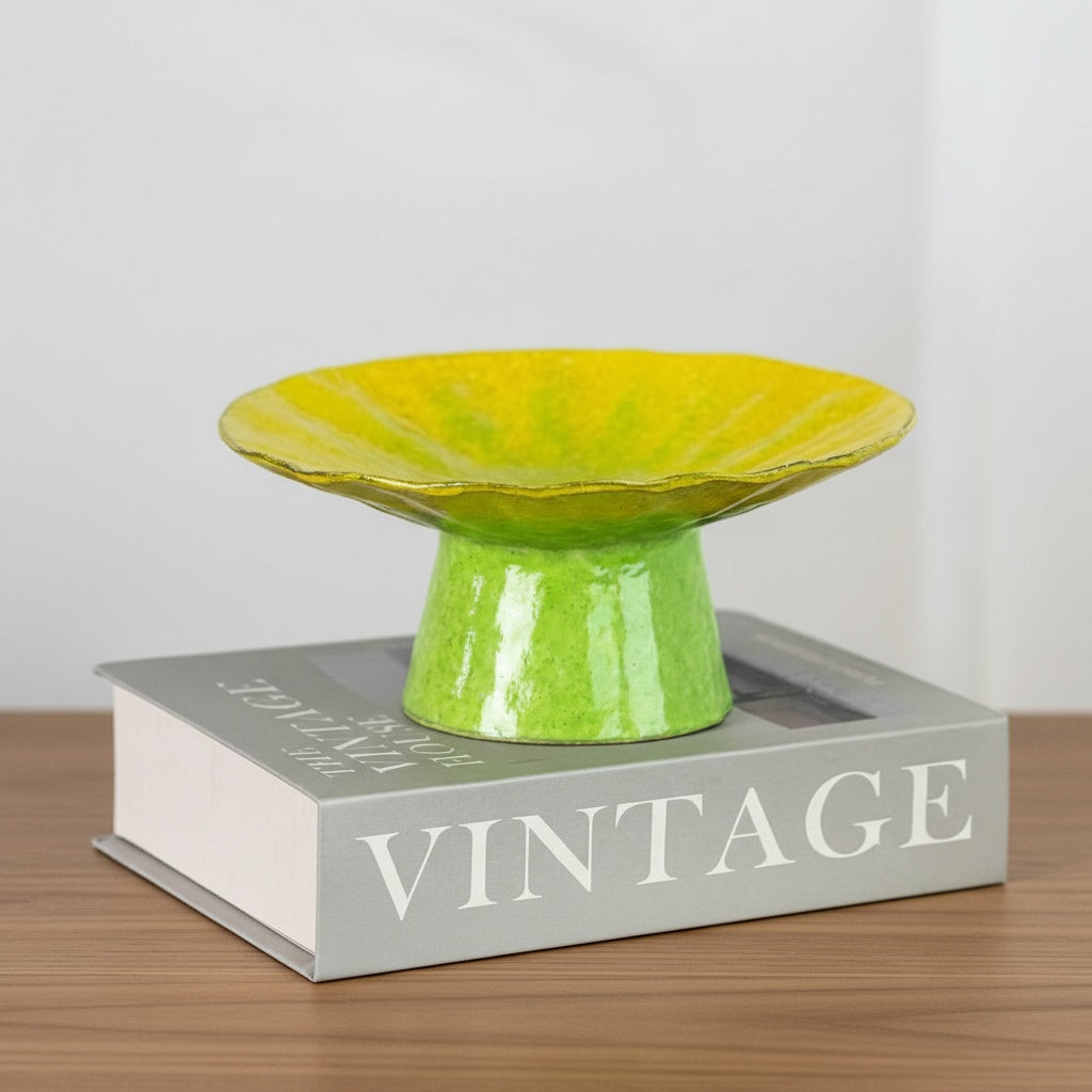 Side view of fluted ceramic dish on book