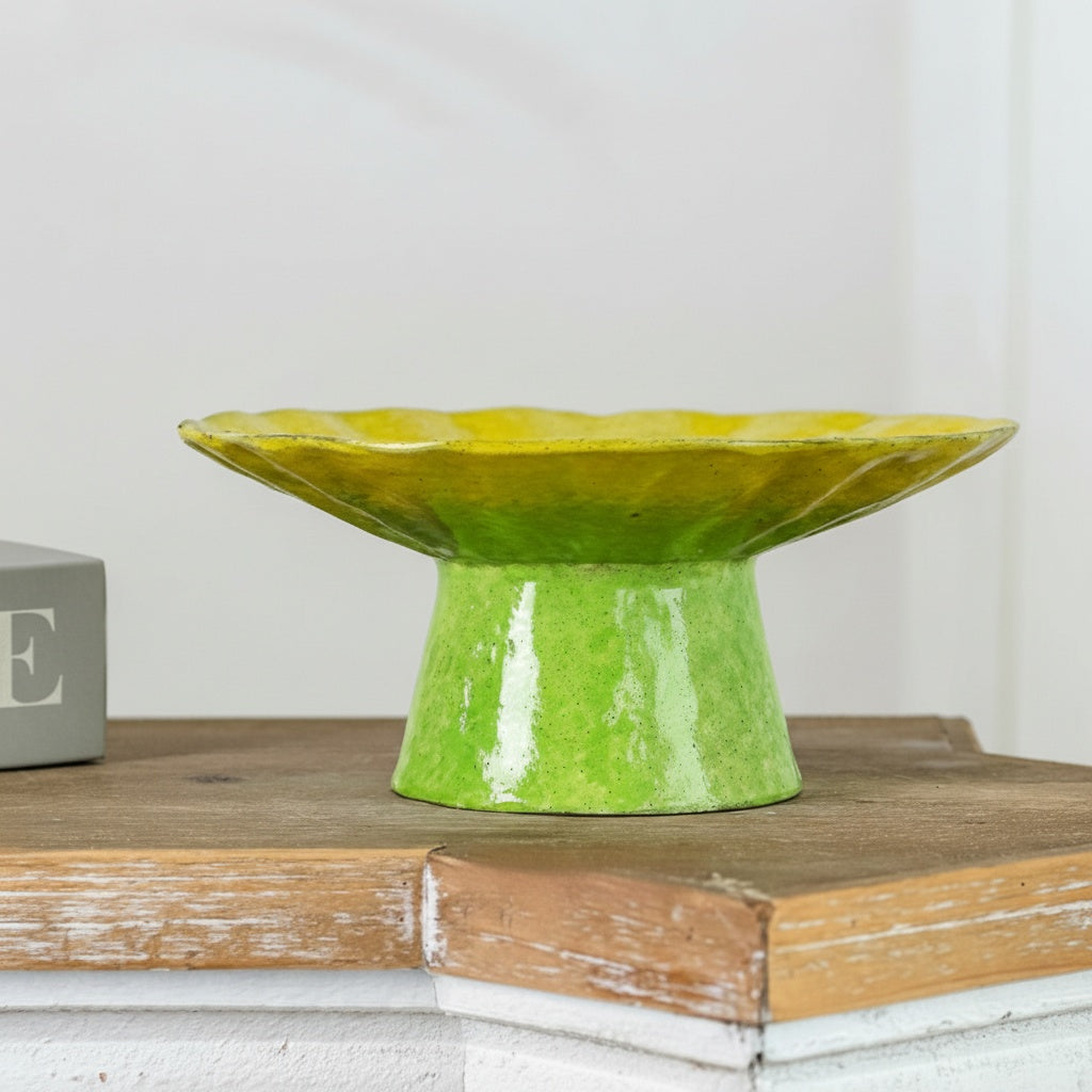 Eye level view of green ceramic pedestal base
