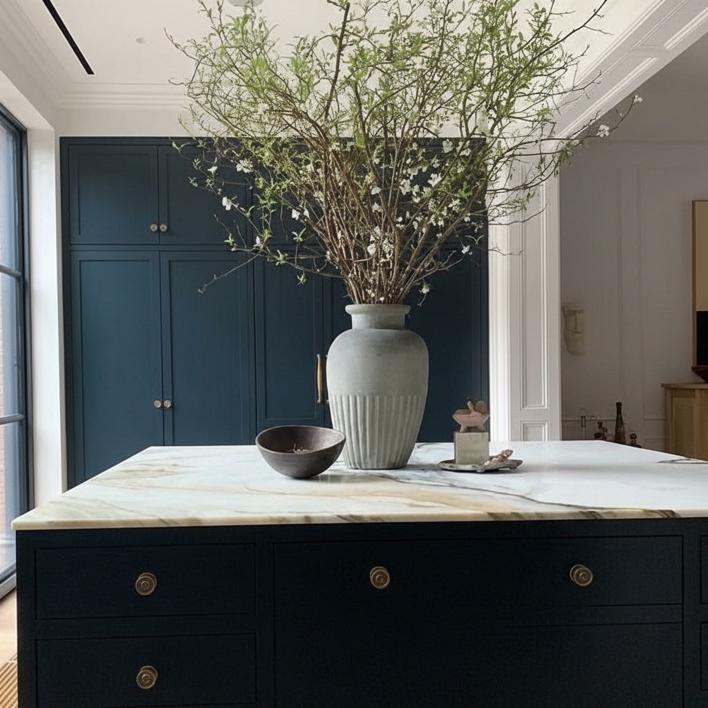 Matte grey ceramic urn vase with fluted detailing on kitchen island with branches