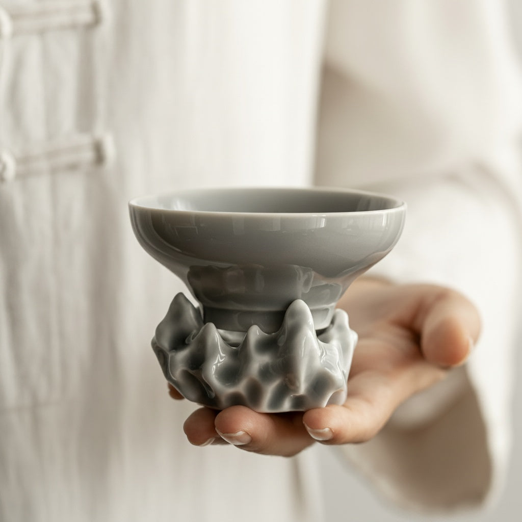 Grey Ceramic Mountain Tea Strainer And Stand