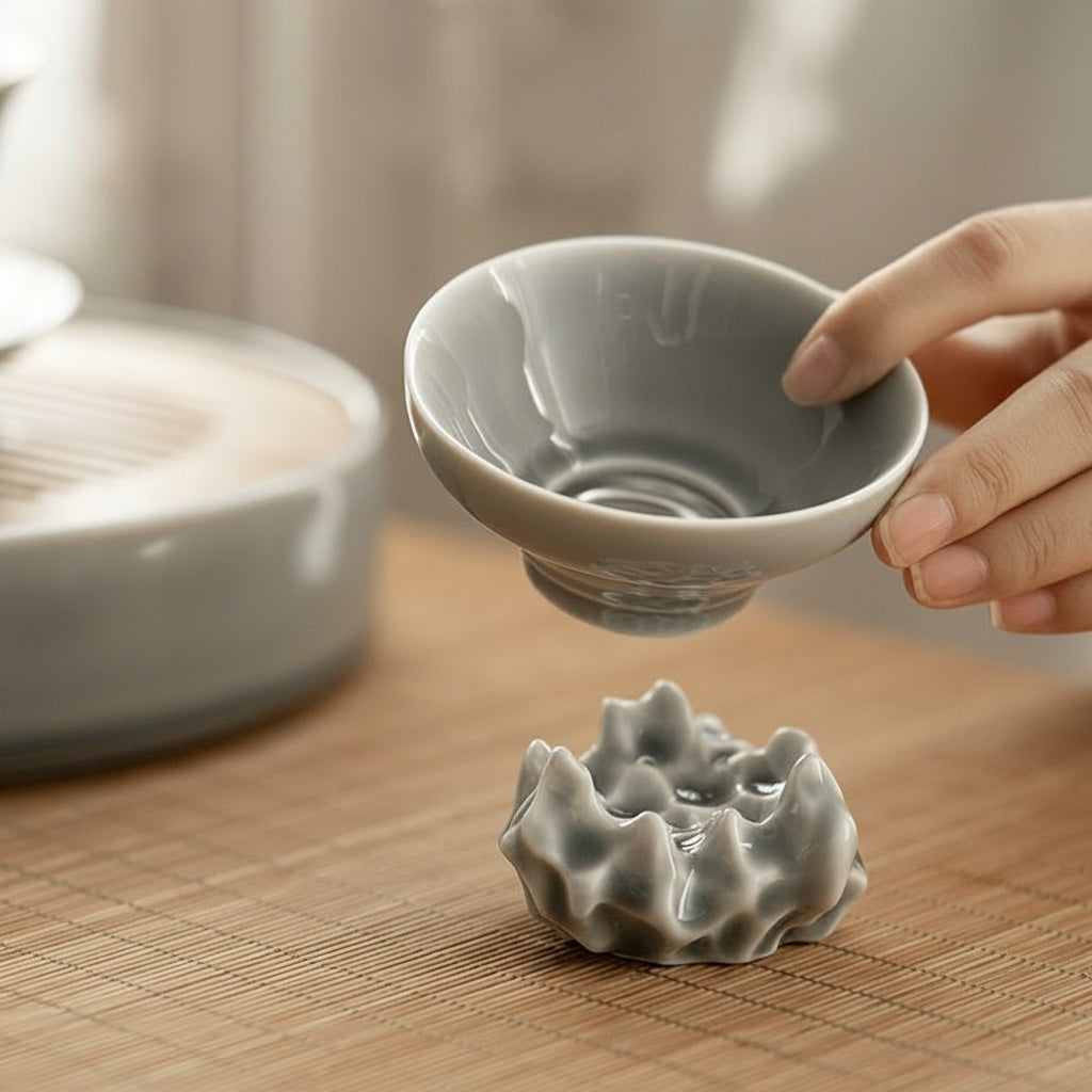 Grey Ceramic Mountain Tea Strainer And Stand
