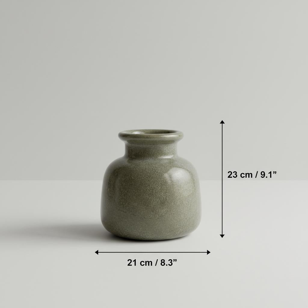 Front view of grey glass vase with dimension indicators