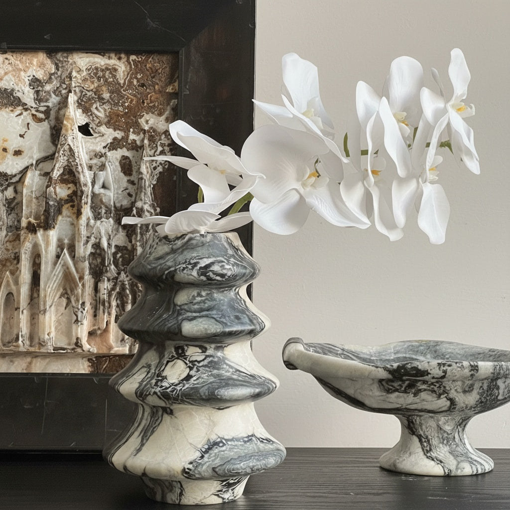 Grey and White Marble Tiered Sculptural Vase