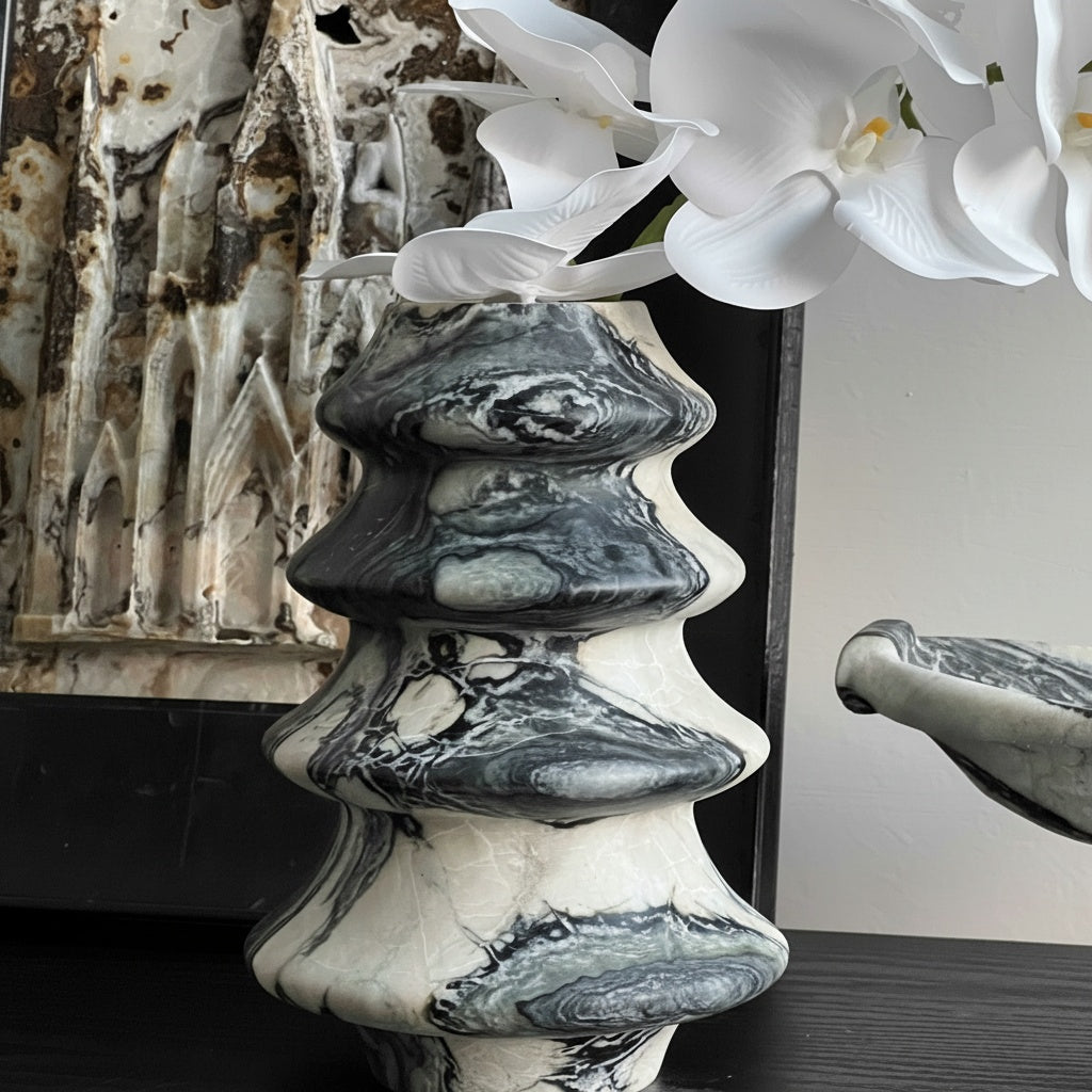 Close Up of Grey and White Marble Tiered Sculptural Vase