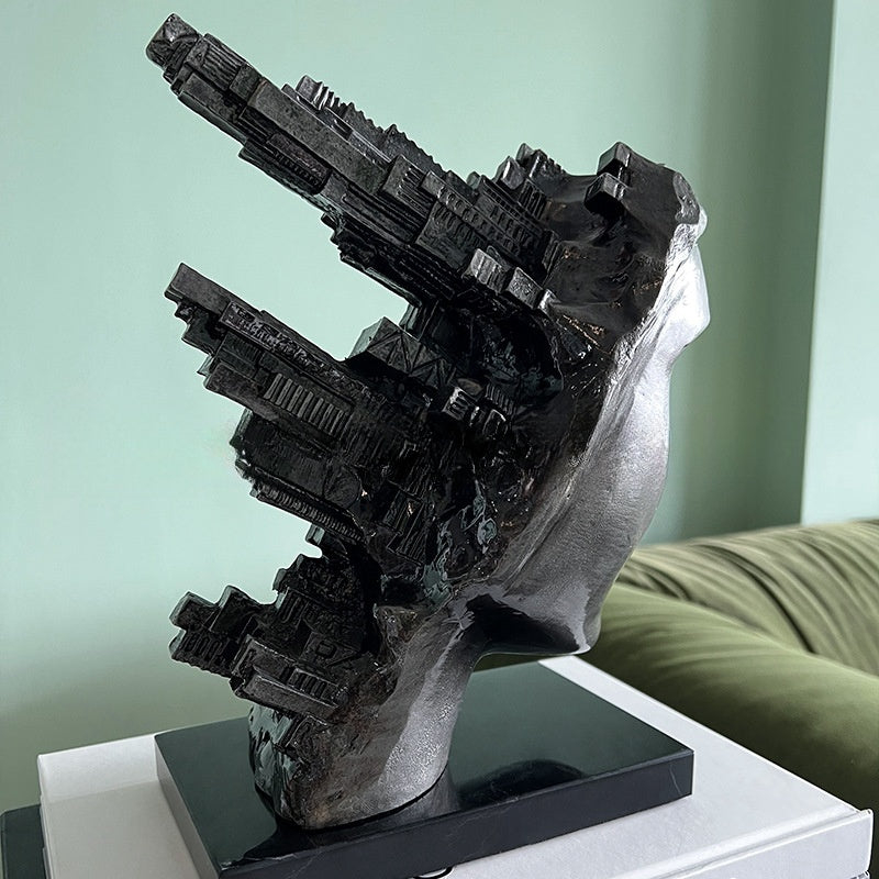 Rear view showing geometric cityscape abstraction