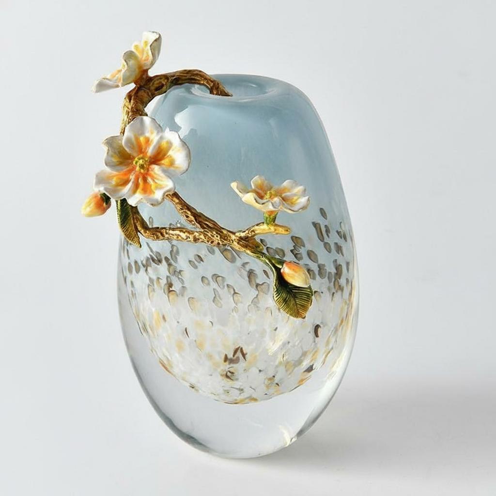 Angled view showing glass texture and floral placement
