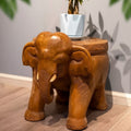 Front view of hand carved wood elephant stool with plant