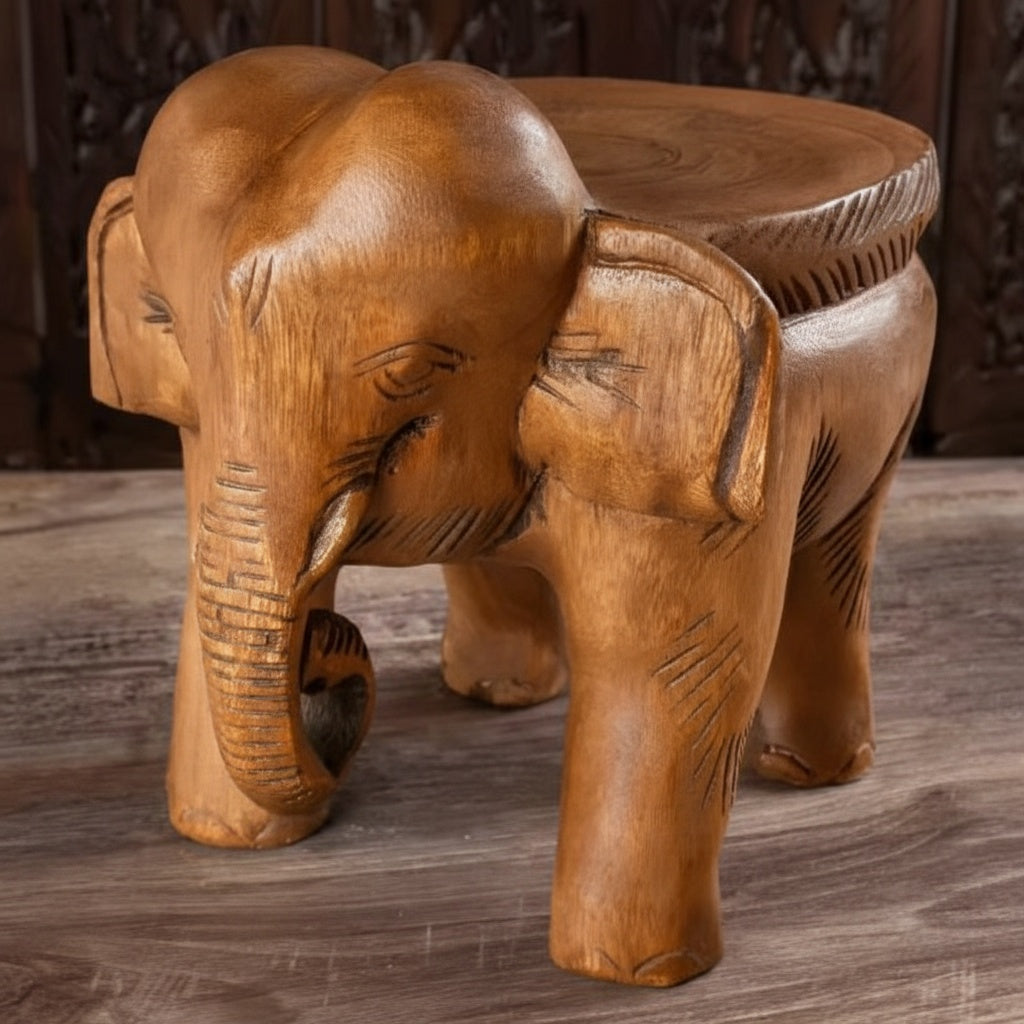 Angled view of solid wood elephant side table details